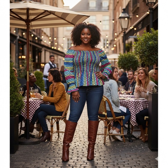 Ashley Stewart Tops - Ashley Stewart Sz 14/16 Multicolor Polka Dot Off-Shoulder Blouse Bell Sleeves